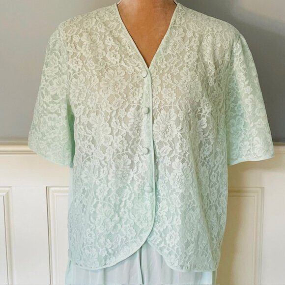 Vintage Vanity Fair Tricot Nylon 1960's Lace Lounge Set Pajamas Seafoam Medium - Picture 4 of 10
